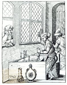 ミントの役員、「中世の科学と文学とルネサンス」からのイラスト、1878年にポールラクロワによって書かれて彫刻された 作： Jost Amman
